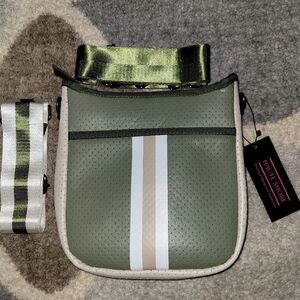 Haute Shore Jeri Spruce _ White Stripe Neoprene Crossbody Purse Bag NWT